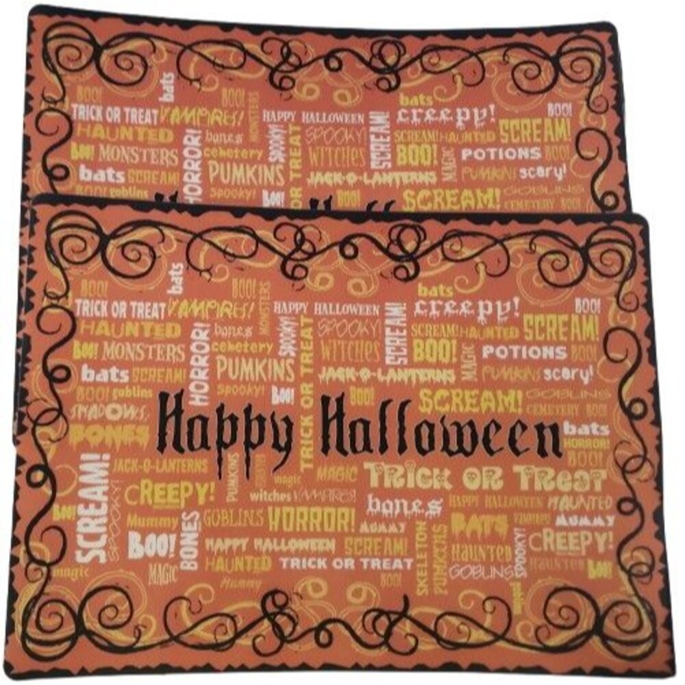 Set of 2 Same Vinyl Foam Backed Kitchen Placemats (13"x18") HALLOWEEN WORDS,Kane